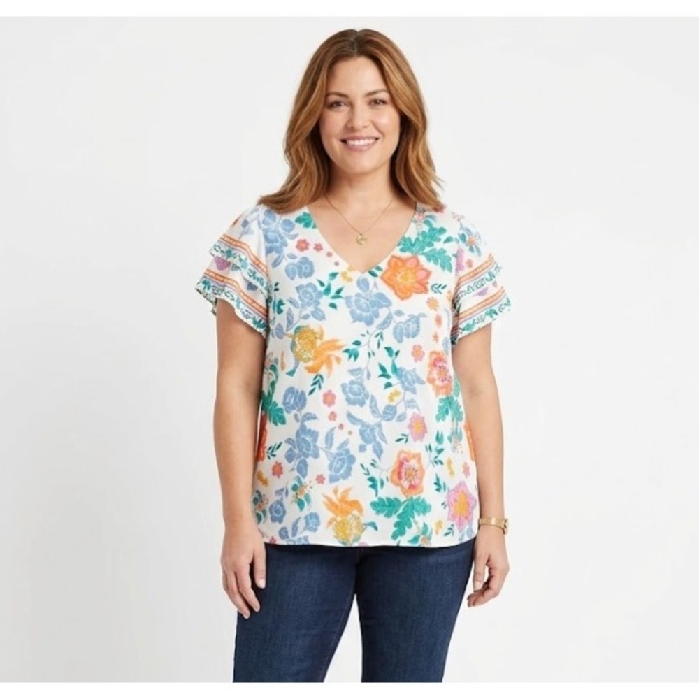 Rachel Zoe size 1X Colorful Floral V Neck Flutter Sleeve Blouse Feminine
